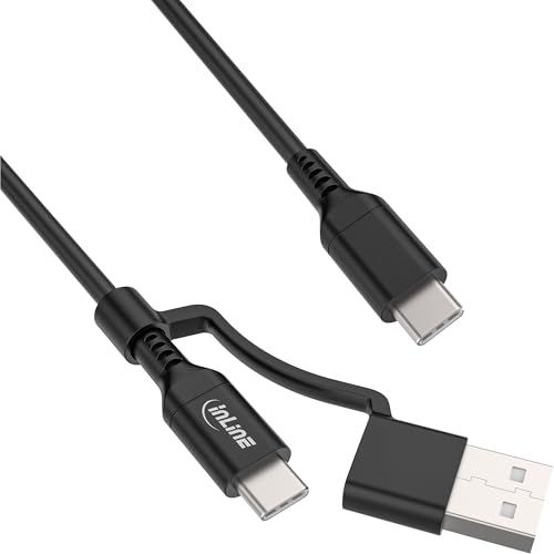 InLine 2-in-1 USB-C Kabel mit USB-A Adapter, Schnellladekabel bis 100W, USB 2.0 Datenkabel, Flexibles TPE-Material, schwarz, 1m