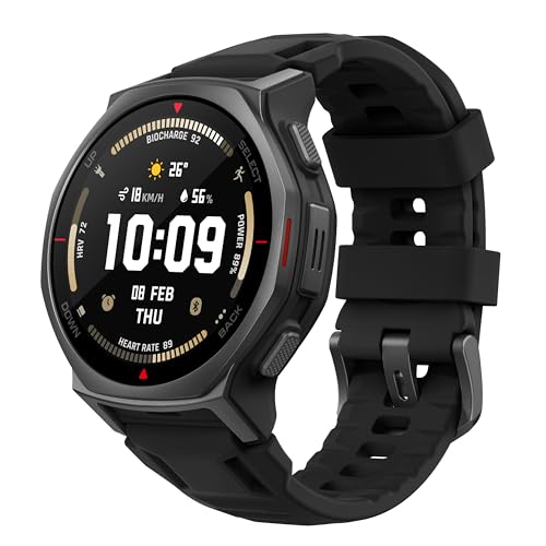 Amazfit T-Rex 3 Pro, Outdoor Smartwatch 44 mm Saphir-AMOLED, Taschenlampe, Titanlünette, Dual-Band GPS, 180+ Sportmodi, 10 ATM, Schwarz