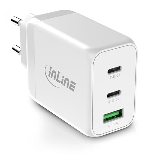 InLine® USB PD Netzteil, 65W GaN Ladegerät mit 3 Ports, Dual USB-C + USB-A, weiß