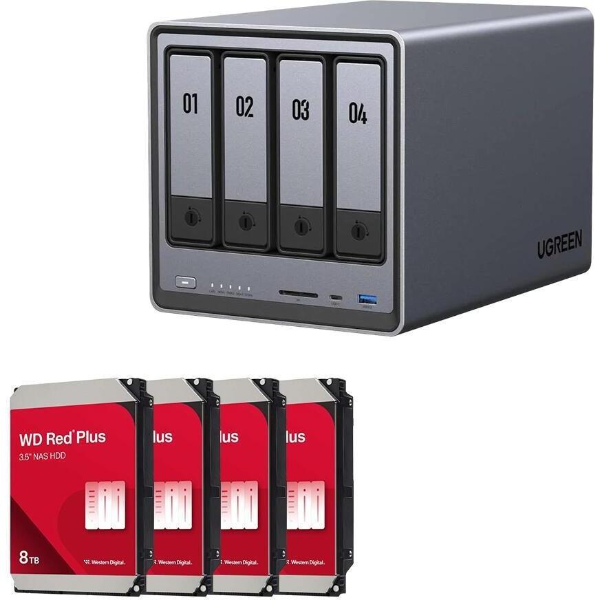 Ugreen DXP4800 NAS-Server Leergehäuse + 4x WD Red Plus NAS Festplatte, 32 TB (4 x 8 TB), leistungsstark und zuverlässig