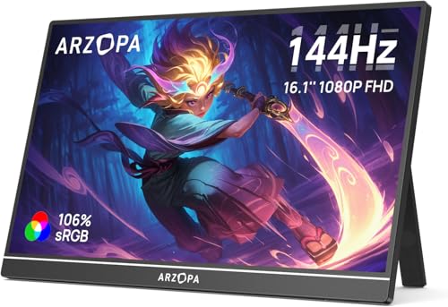 ARZOPA Z1FC 16.1'' Tragbarer Monitor, 144Hz FHD HDR, 106% sRGB, Ultra-dünn mit Standfuß, Augenschutz, USB-C und HDMI, für Laptop/PC/Mac/PS3/4/5/Xbox