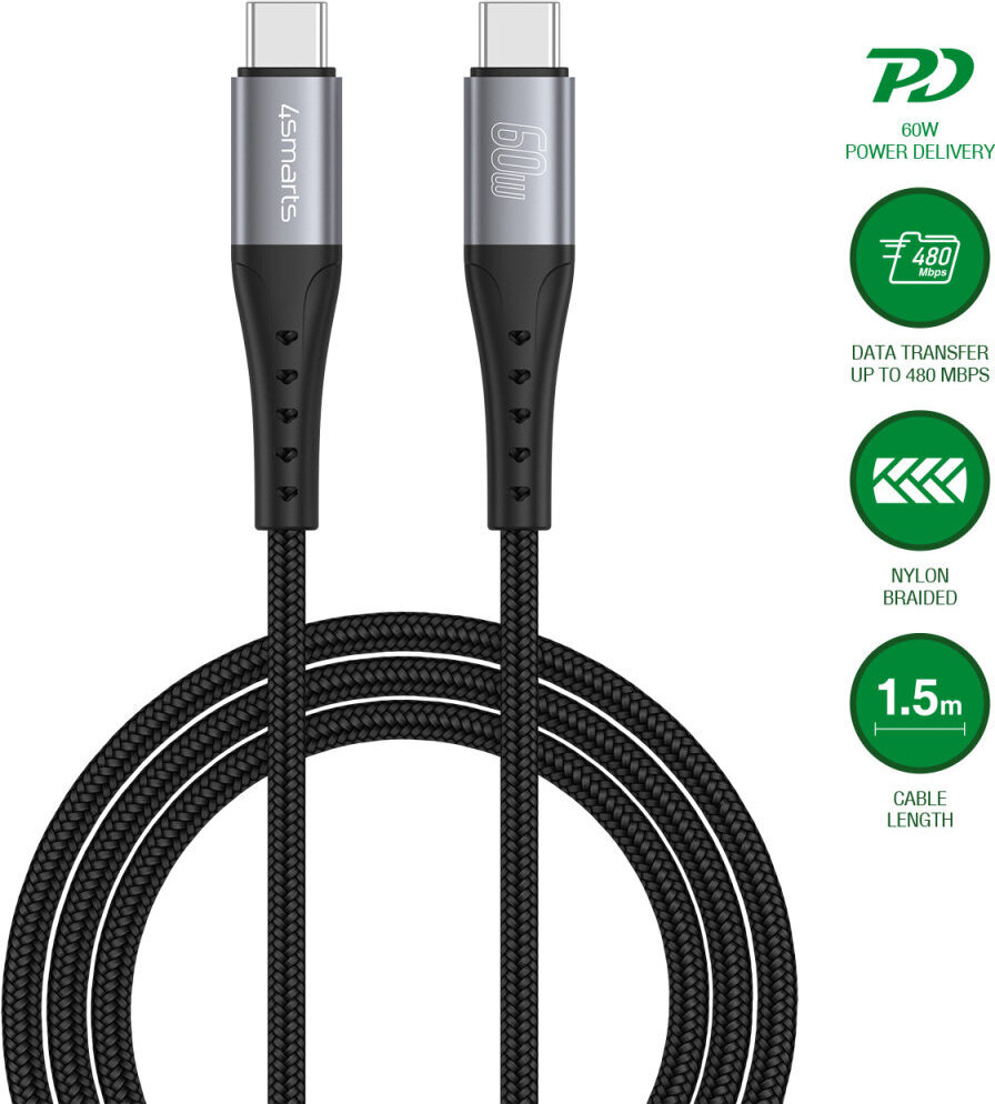 4smarts PrimeCord USB C Kabel 1,5 m, 60 W Power, 480 Mbit/s, Schwarz