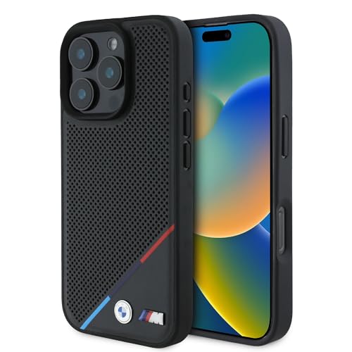 BMW BMHMP16L23PUPDK iPhone 16 Pro Hardcase, perforiert mit Tricolor Line und MagSafe, schwarz