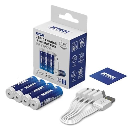 XTAR Wiederaufladbare AA-Batterien, 3000 mAh Lithium-Ionen, USB-C, 1,5 V, lineare Entladungskurve für angeschlossene Schlösser