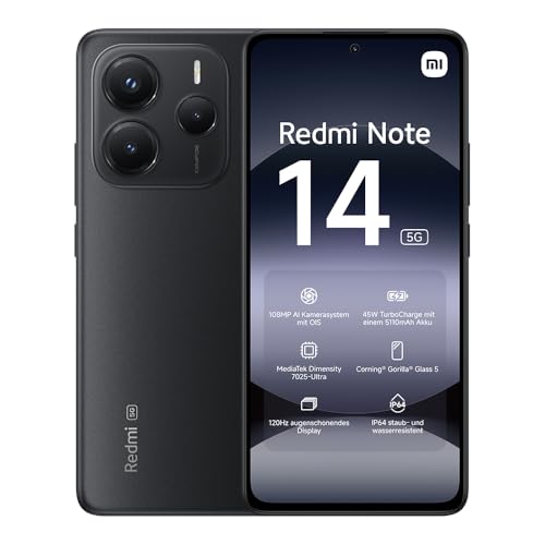 Xiaomi Redmi Note 14 5G Smartphone, 8GB RAM + 256GB Speicher, Black, 108MP AI-Kamerasystem, 5110mAh Akku, 120Hz Augenschutzdisplay
