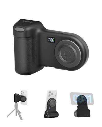 Belkin Stage PowerGrip, Magnetischer Kameragriff mit 9300mAh Powerbank, Einziehbarem USB-C-Kabel und Bluetooth, Stativhalter mit LCD-Display für iPhone und Pixel