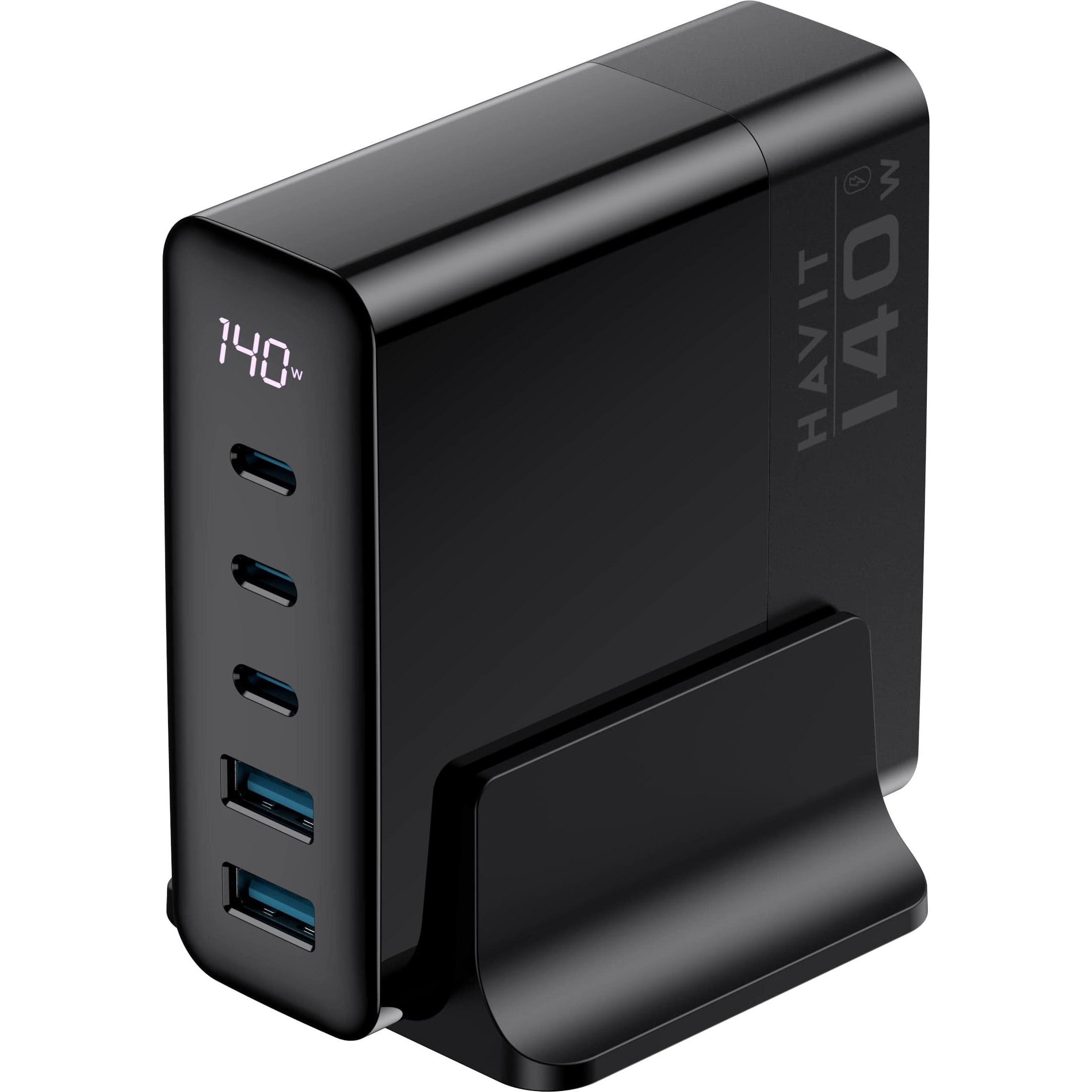 Havit UCLE004 EU, 140W Reiseladegerät mit 3x USB-C und 2x USB-A, kompakt und effizient, schwarz