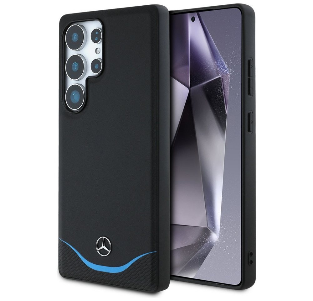 Mercedes Benz Handyhülle Galaxy S25 Ultra, Echtleder schwarz/blau, MagSafe-kompatibel, 6,9 Zoll, mit Kantenschutz und silbernem Stern