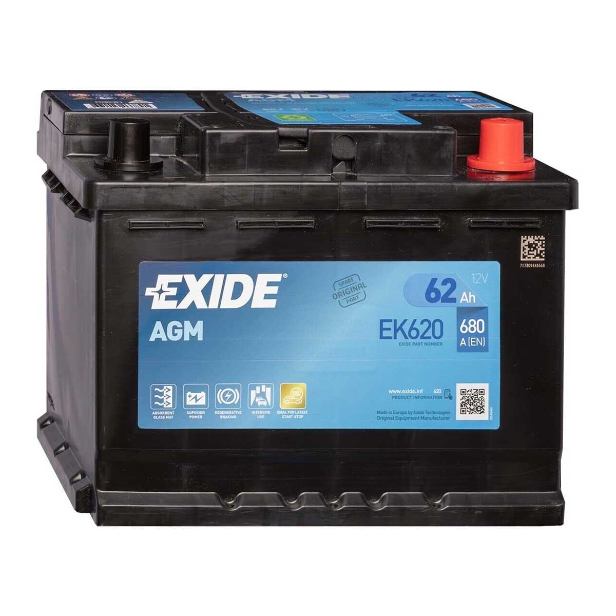 Exide EK620 Start-Stop AGM, 12V Autobatterie mit 62Ah Kapazität und 680A Kälteprüfstrom