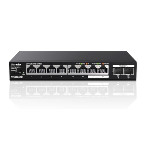 Tenda TEM2010X, 2.5 Gbit Switch mit 8x 2.5G RJ45-Ports & 2x 10G SFP+ Ports, VLAN, statische Aggregation, lüfterlos, metallgehäuse, Plug & Play, Desktop-/Wandmontage