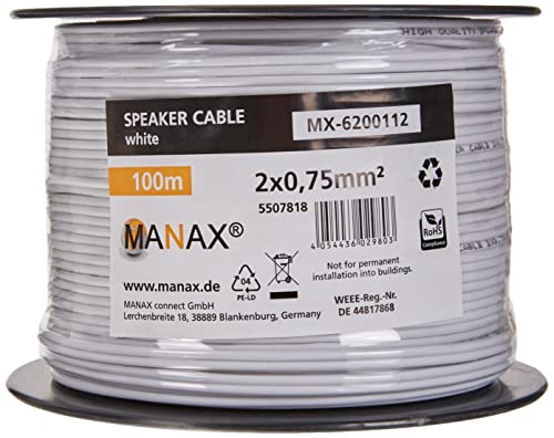 Manax SC2075W-100 Lautpsrecherkabel 2x0,75 mm² CCA (Boxenkabel/Audiokabel), Spule 100 m, weiß
