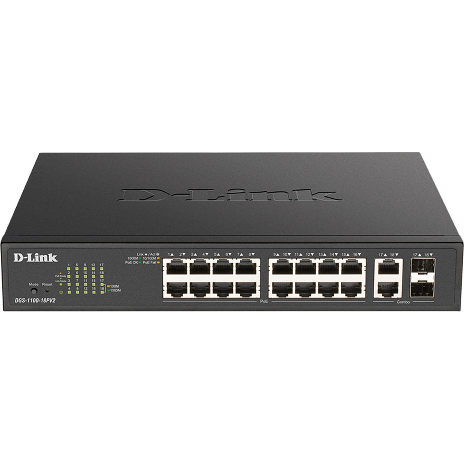 D-Link D-LINK 18-Port PoE+ Gigabit Smart Managed Switch, 16 PoE-fähige Ports, 36 Gbit/s Switching-Kapazität, Schwarz