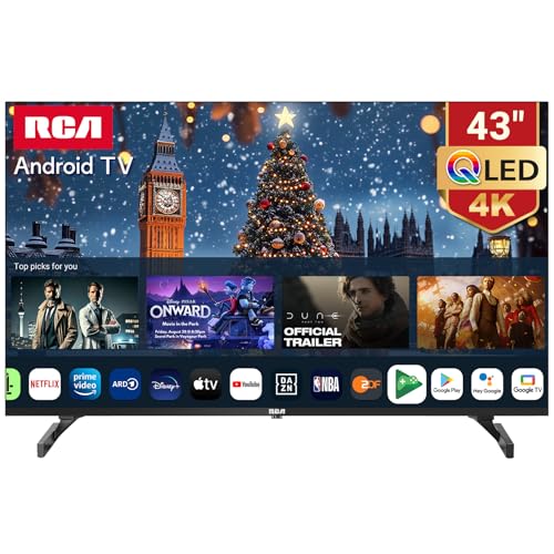 RCA QLED Smart TV 43 Zoll UHD 4K HDR Android TV mit WiFi Bluetooth HDMI Triple Tuner YouTube Netflix Prime Video VEVO Disney+ - Schwarz