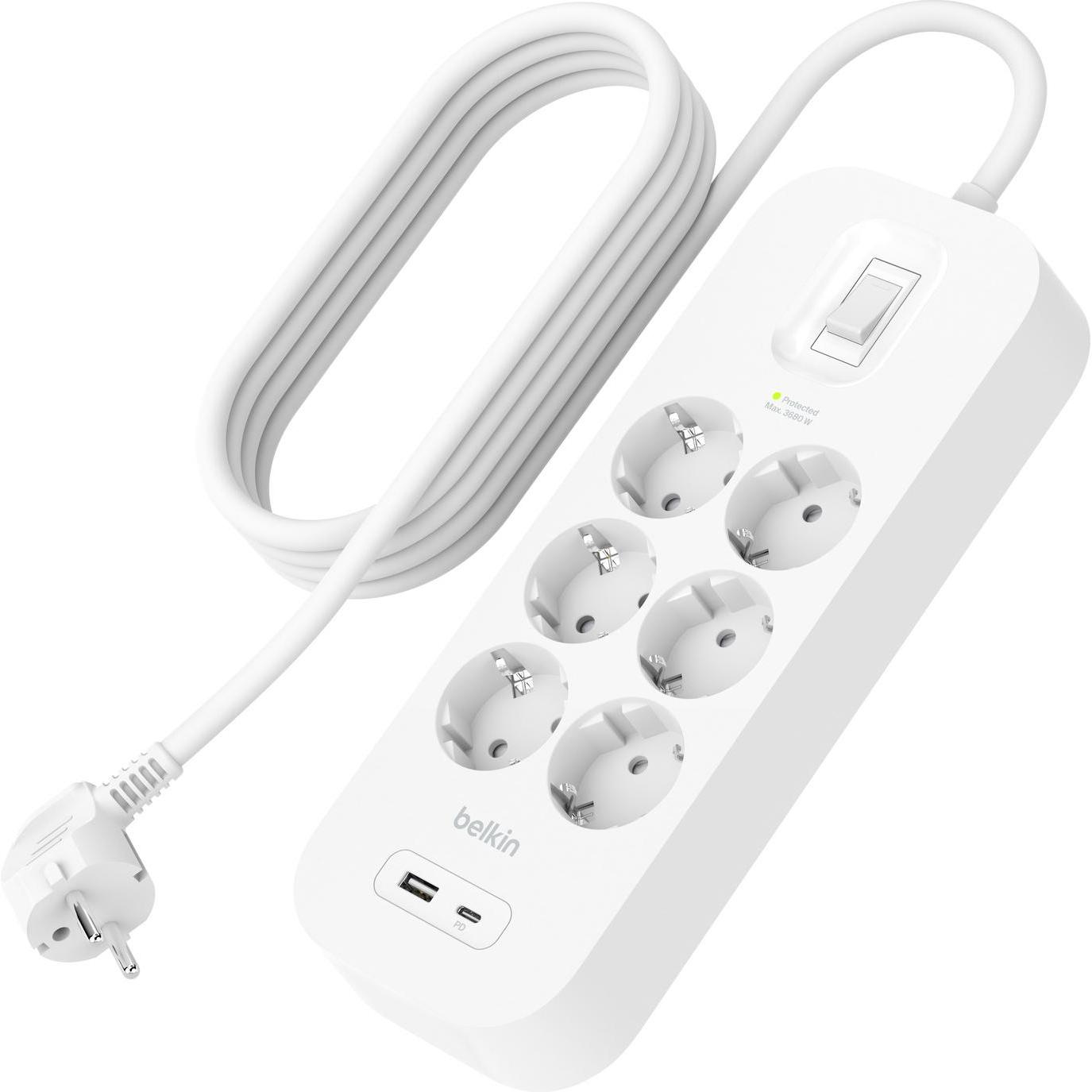 Belkin SRB002vf2MV2 Steckdosenleiste 6-fach + USB-A+C, 650J Überspannungsschutz, 2m Kabel, schwarz