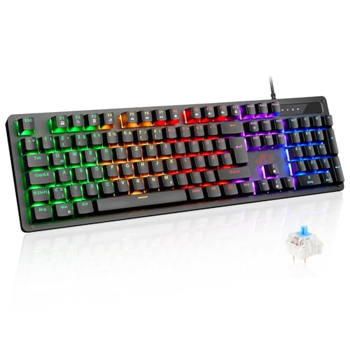 Rii Mechanische Gaming Tastatur, QWERTZ, mit blauen Schaltern (laut), 10 LED-Hintergrundbeleuchtungen, kabelgebunden, vollwertig, nicht Hot-Swap-fähig