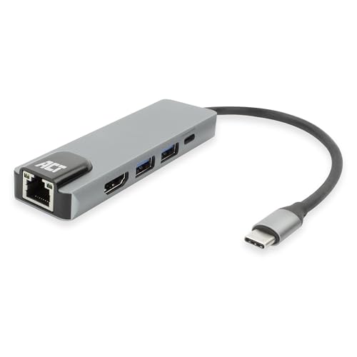 ACT USB C Docking Station 5-in-1 mit Aluminiumgehäuse, 4K @ 60Hz HDMI, 3-Port USB 3.0, USB Typ C 100W PD, LAN - AC7091, Silber