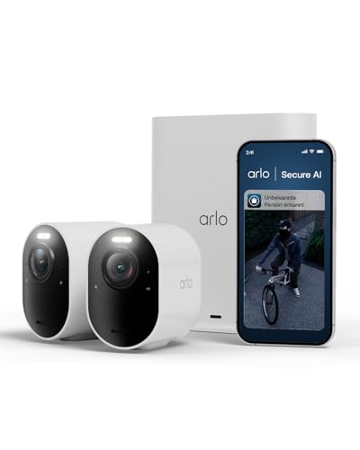Arlo Ultra 3 Überwachungskamera Aussen, Kabellos, 4K UHD, KI-Erkennung, Auto-Tracking, Farb-Nachtsicht, 2-Kamera-Set mit Smarthub und Arlo Secure Testversion