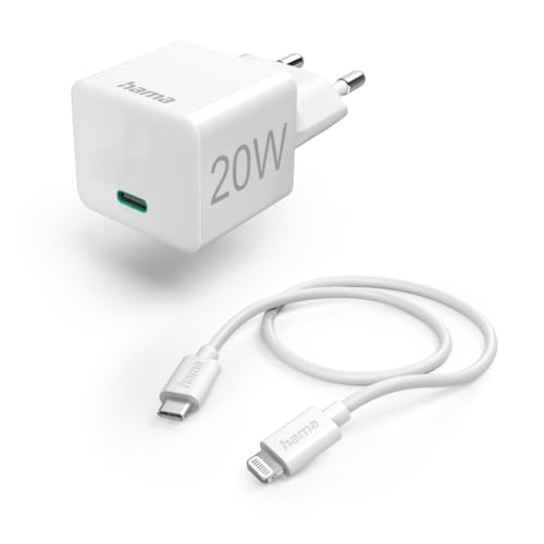 Hama Schnellladegerät USB-C 20 W + USB-C-Lightning-Kabel (Apple-USB-C-Ladegerät, Mini-Ladegerät + Lightning-Kabel, PD, MFI Zertifiziert)