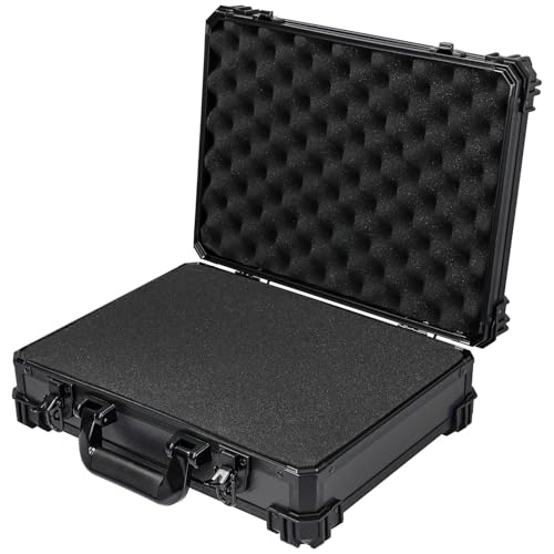 HMF 15502-02 Transportkoffer mit Rasterschaumstoff, Universalkoffer für sensible Geräte, 39 x 29 x 12 cm, Schwarz