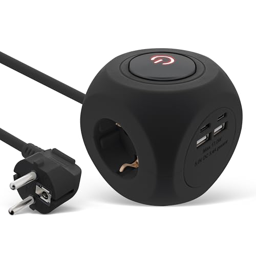 InLine 7-in-1 Steckdosenwürfel mit USB, Charging Cube, 3x Schutzkontakt, 2x USB-C, 2x USB-A, mit Schalter, 2m Kabel, Steckdosenleiste, Mehrfachstecker, Tischsteckdose, 3680W, schwarz