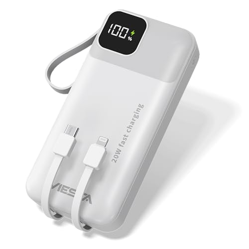 UMBRAELLA Powerbank USB-C [20.000mAh] Weiß - Fast Charging 22.5 W, PD20 W, Integrierte Type-C und Micro USB Kabel, Digital Display & Taschenlampe