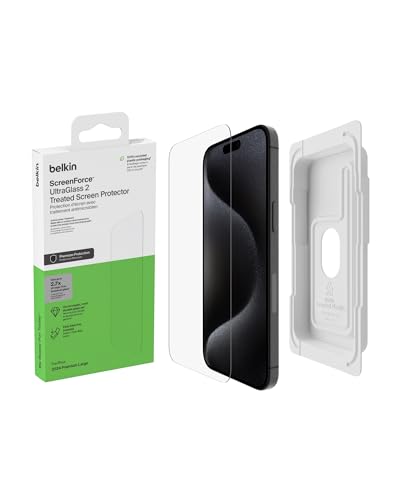 Belkin ScreenForce UltraGlass 2 Schutzfolie für iPhone 16 Pro Max, kratzfest, dünnes Glas, 9H Härte, mit Positionierungsschale, Displayschutz, kristallklar