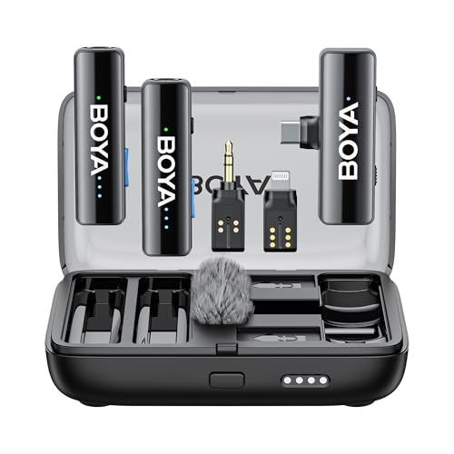 Boya Boyalink V2.0, Kabelloses Mikrofonset mit 48 kHz/24 Bit Sound, 300 m Reichweite, 30 Stunden Akkulaufzeit und drei Adaptern