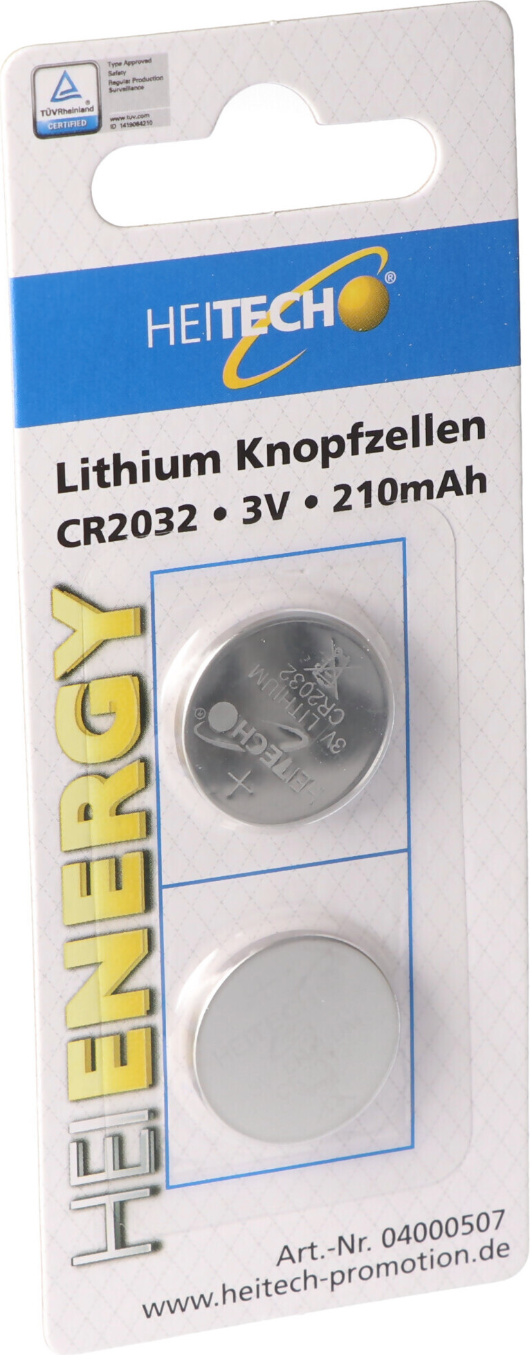 HEITECH CR2032 Lithium Knopfzelle, 2er-Set, 3V, 210mAh, ideal für Fernbedienungen und Uhren