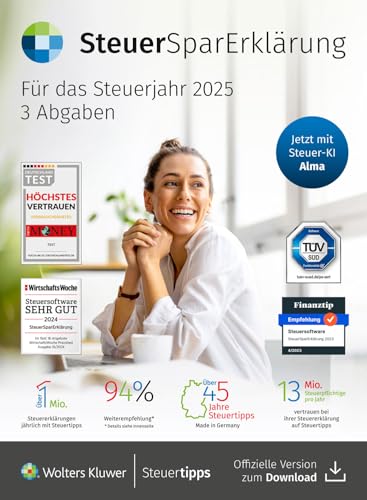 Wolters Kluwer SteuerSparErklärung 2026, Einfache Steuersoftware für Steuerjahr 2025 mit ELSTER, Datenimport & digitaler Steuer-KI Alma, für Windows & Mac, Aktivierungscode per Email