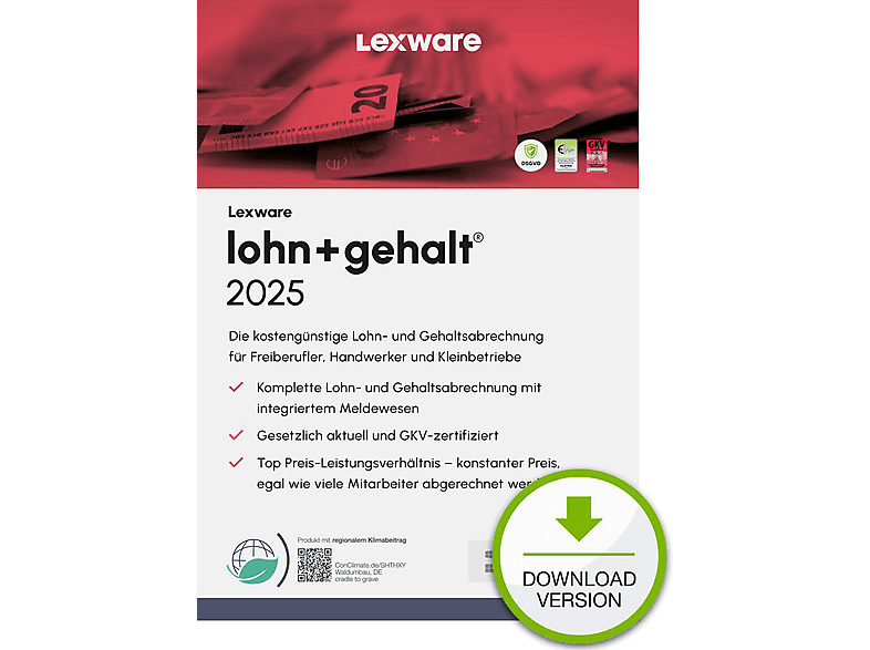 LEXWARE lohn+gehalt 2025, Software für Lohn- und Gehaltsabrechnung, 1 Jahr Lizenz für 1 PC, geeignet für bis zu 50 Mitarbeiter, inkl. Online-Banking Funktionen