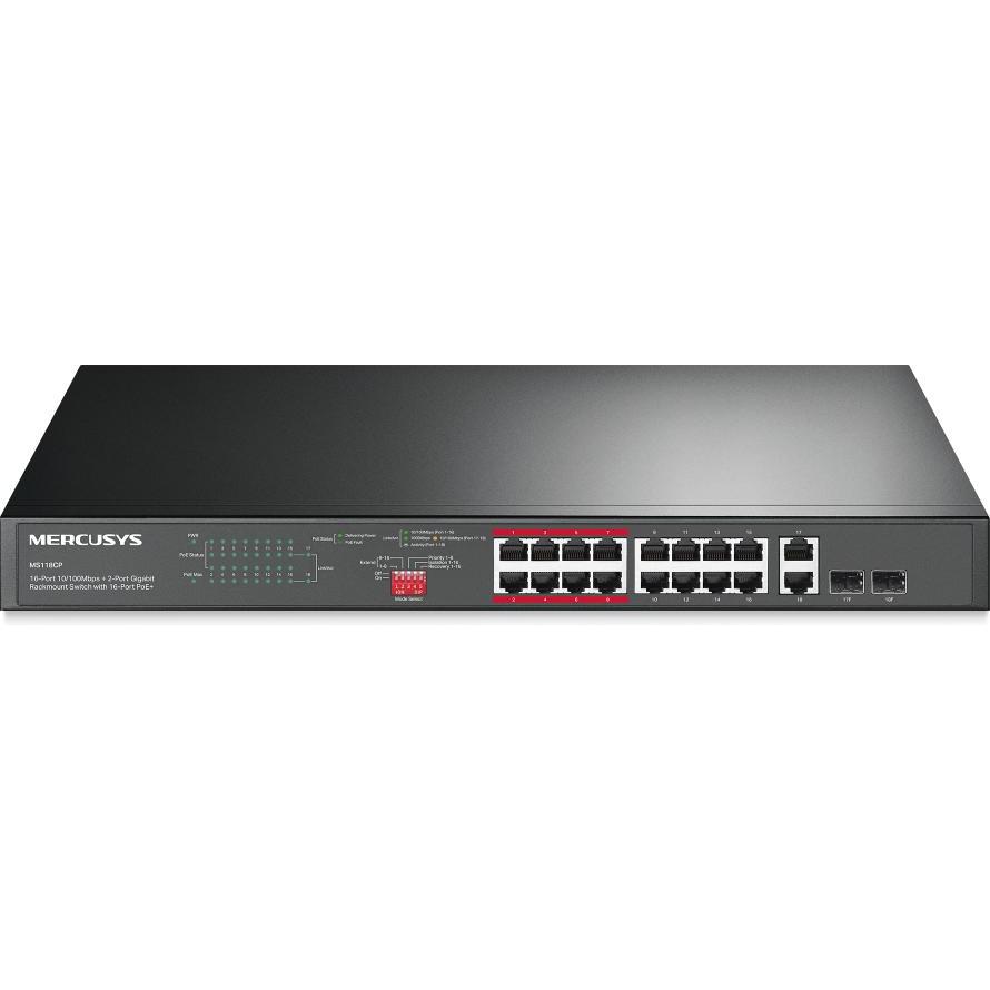 Mercusys MS118CP, 16-Port 10/100Mbps+ 2-Port Gigabit Rackmount Switch mit 16-Port PoE+, Schwarz