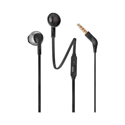 JBL T205, In-Ear-Kopfhörer mit JBL Pure Bass Sound, leicht und bequem mit Eintasten-Fernbedienung, schwarz