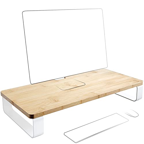 KD Essentials Monitorständer & Monitorerhöhung XL – besonders hohe Traglast, einfache Montage & 100% FSC Bambus-Holz (Schreibtisch Organizer/Bildschirm-Erhöhung, verbesserte Ergonomie, weißes Metall)
