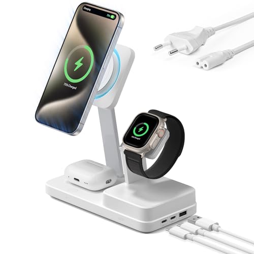 ESR 100W 6 in 1 GaN Ladestation mit CryoBoost, magnetisches kabelloses Ladegerät für iPhone 16/15/14/13, Apple Watch, AirPods 4/3/2/Pro, USB-C/A-Geräte, Weiß