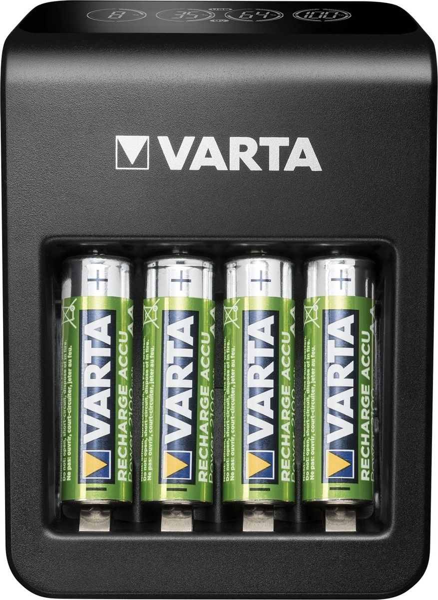 Varta LCD Plug Charger+, kompaktes Batterieladegerät mit 4 AA NiMH Akkus, Einzelschachtelung, LCD Anzeige, umfangreiche Sicherheitsfunktionen