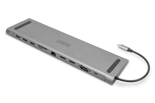 DIGITUS USB-C Docking Station für Laptops – 11 Ports – 2X HDMI, 1x VGA – Ultra HD 4k30Hz – 3X USB 3.0, 1x USB Typ-C – RJ45 LAN, Klinke Audio, Kartenleser – Silber