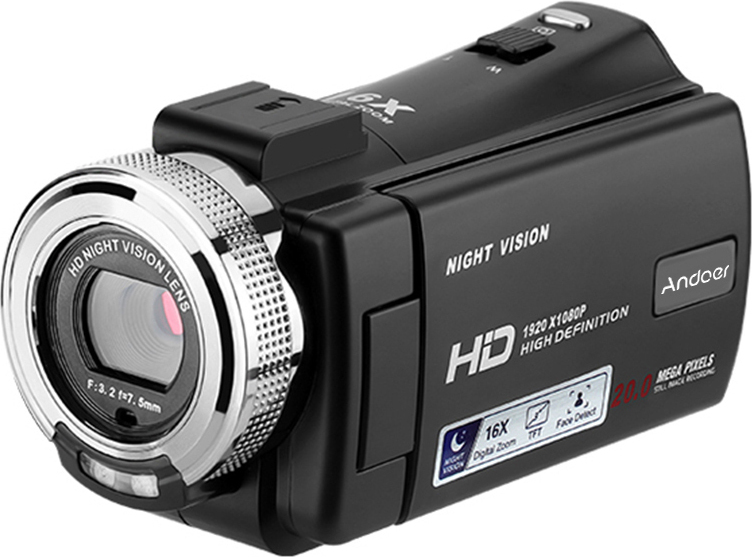 Andoer V12, 1080P Full HD Camcorder mit 16-fachem Digitalzoom, 3,0 Zoll drehbarem LCD, Nachtsicht und Gesichtserkennung