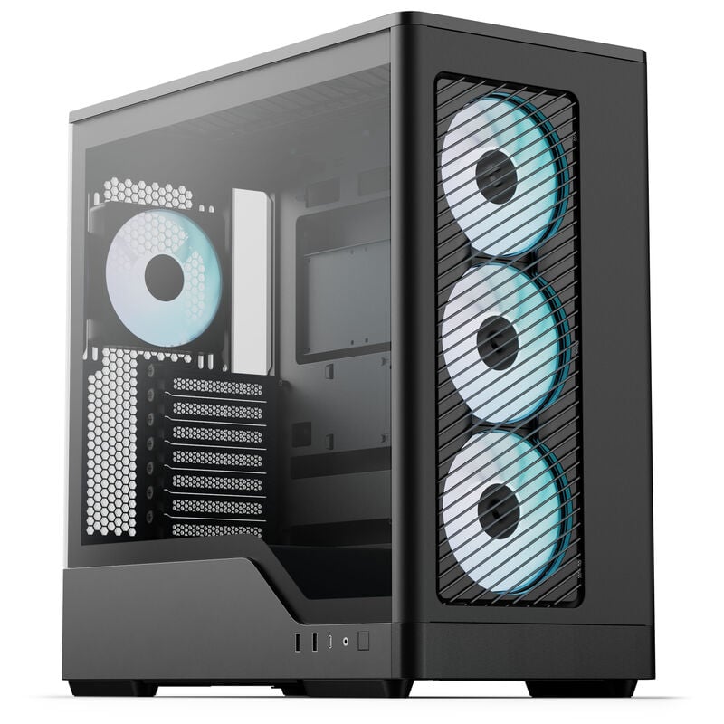 Aerocool D520A PC-Gehäuse, Midi-Tower ATX mit Tempered Glass und RGB-Beleuchtung, schwarz, bis zu 12x 120-mm-Lüfter, luftstromoptimiertes Design, unterstützt Grafikkarten bis 400 mm