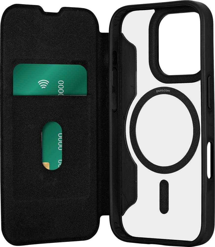 sbs mobile Puro Book Mag Case für Apple iPhone 16 Pro Max, Schwarz, mit integrierter Brieftaschenfunktion und Hardcover-Schutz