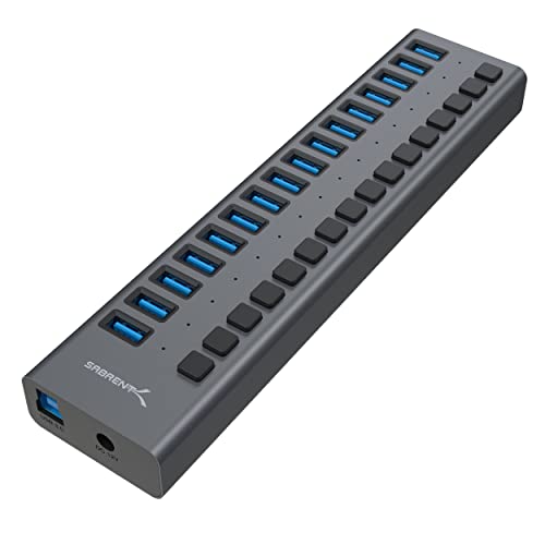 SABRENT 16 Port USB hub aktiv 3.2 gen1 und USB Ladegerät 90W Mehrfach Schnellladegerät mit Netzteil, USB Adapter,Verteiler Ladestation, Powered USB hub mit EIN/AUS-schaltern (HB-PU16)