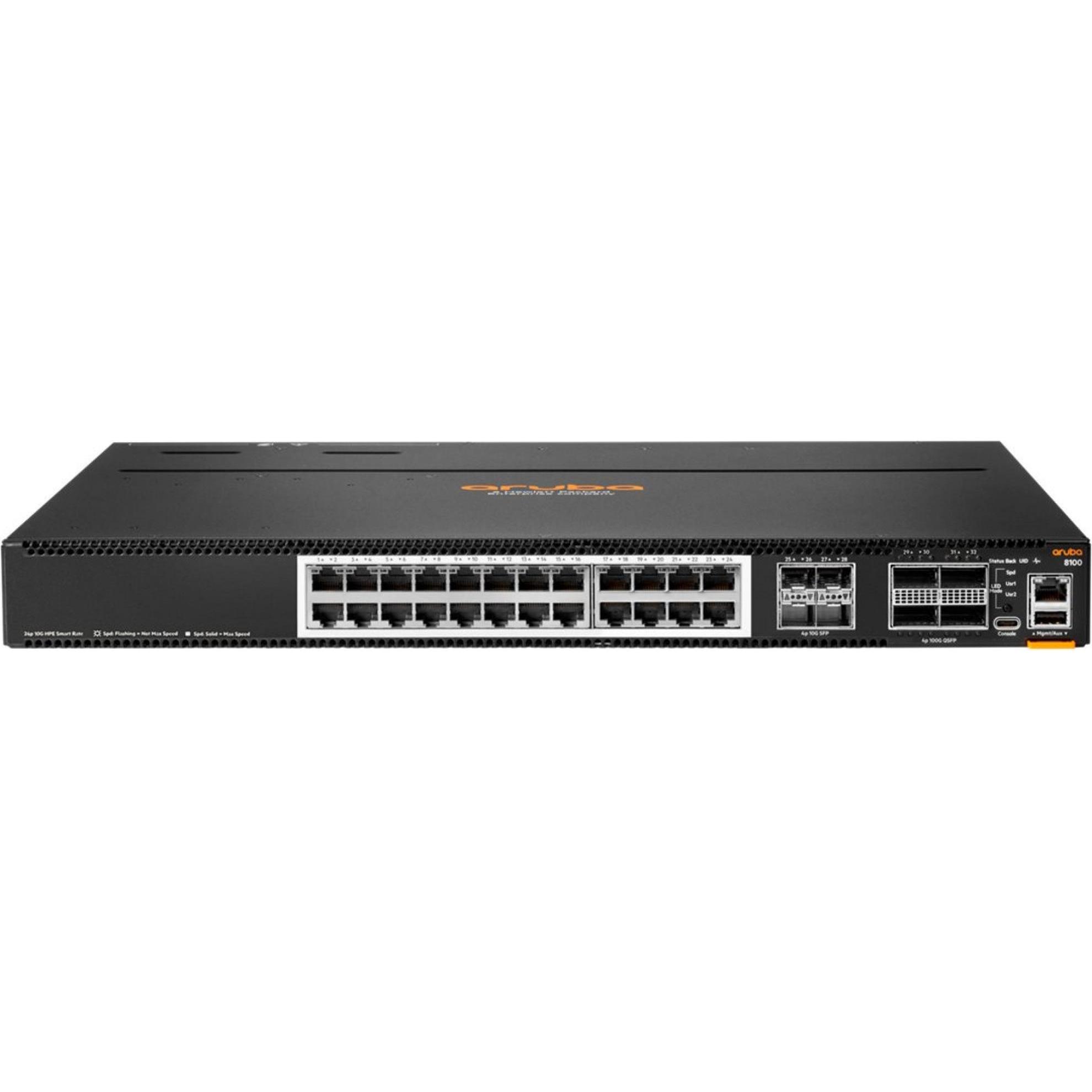 Aruba HPE Networking CX8100, 24-Port Netzwerk Switch mit 10G Base-T, 4x10G SFP+, 4x40/100G QSFP28, voll verwaltbar, 1360 Gbit/s Switching-Kapazität, 1024 VLANs