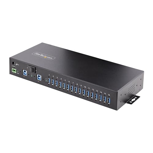 StarTech.com 16-Port Industrie USB 3.0 Hub mit Netzteil, 5Gbps Verteiler/Mehrfachstecker für DIN/Rack, Dual-Host USB Switch, Metallgehäuse, ESD-Schutz, 160 W Netzteil