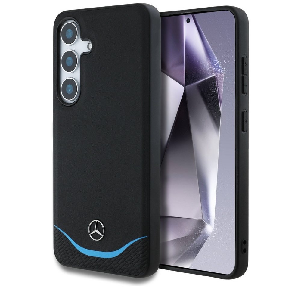 Mercedes Benz Galaxy S25 Handyhülle Echtleder schwarz/blau, MagSafe-kompatibel, Kantenschutz, 6,2 Zoll