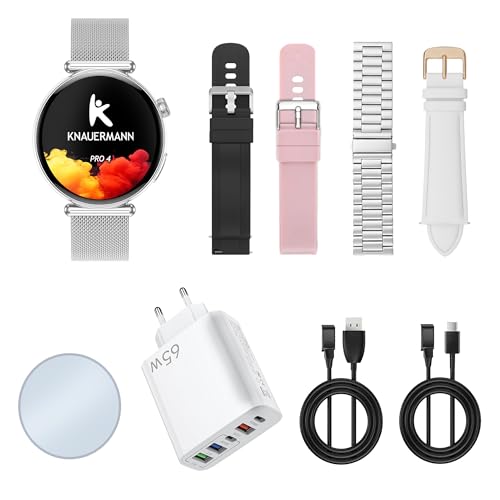 Knauermann PRO 4 MINI (2026) Rund Silber - EKG Gesundheitsuhr mit Blutdruck, Puls und Blutsauerstoff Messung, Schlafanalyse, Telefonie, IP67, 41 mm Gehäuse, AMOLED-Display