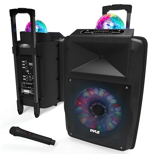 Pyle PSUFM1280B, Aktiver PA Lautsprecher mit 700 Watt, Bluetooth, Subwoofer 12 Zoll, tragbar mit Rädern und Mikrofonset, Schwarz