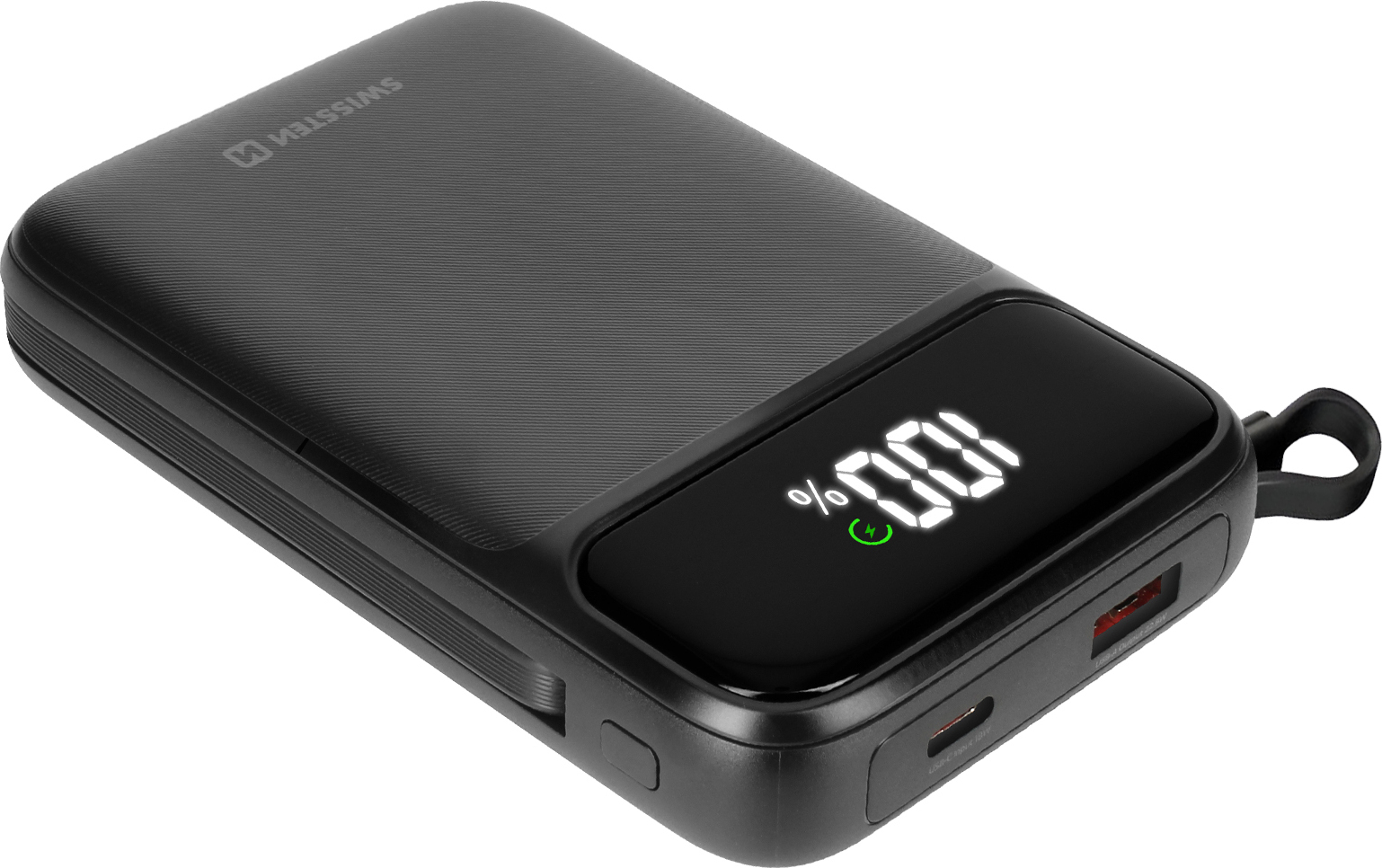 Swissten 10.000mAh 20W MagSafe Powerbank + USB-C und Lightning Kabel, Schwarz - Qi kabelloses Laden und integrierte Ladekabel