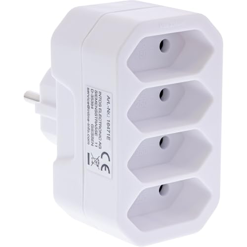 InLine Steckdosenadapter 4X Eurobuchse an Schutzkontaktstecker, erhöhtem Berührungsschutz, kompakte Bauform, weiß, 16471E