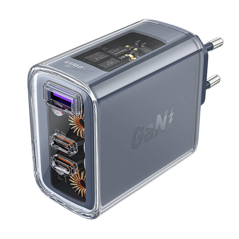 Acefast GaN Ladegerät 65W, 3 Ports (1x USB, 2x USB-C), Grau (A45) - Leistungsstarkes und effizientes Ladegerät mit fortschrittlicher GaN-Technologie