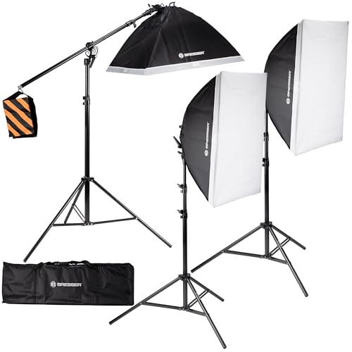 Bresser LED-Tageslichtset für Fotostudio, 3 Softboxen 60x80 cm, 15 LED-Lampen, Stative, Boomarm, Tasche, 5500K, CRI >85