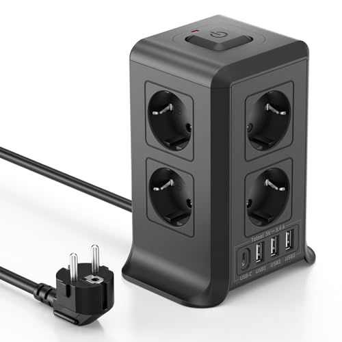KEMELO Mehrfachsteckdose 12 IN 1, 8 Fach Steckdosenleiste mit 4 USB-A und 1 USB-C, 2M Verlängerungskabel, kompaktes Turmdesign mit Überspannungsschutz, für Zuhause und Büro